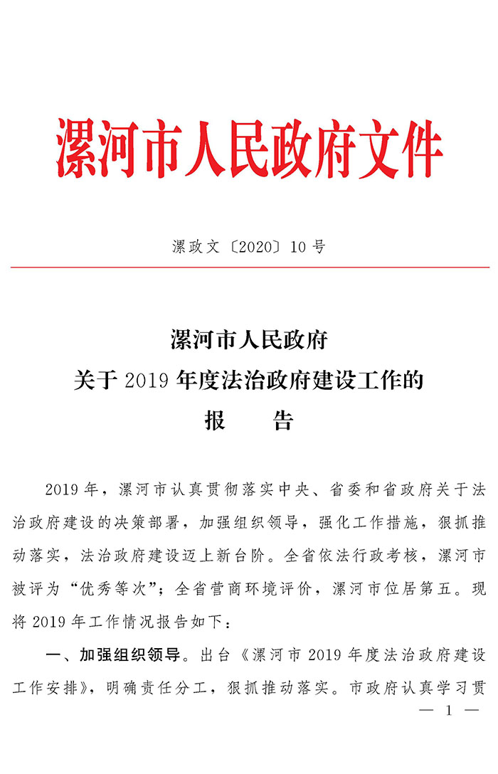 漯河市人民政府关于2019年度法治政府建设工作的报告